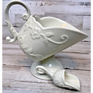 Vintage Bone China Footed Sugar Scuttle White Rose Scroll Floral Handle Scoop